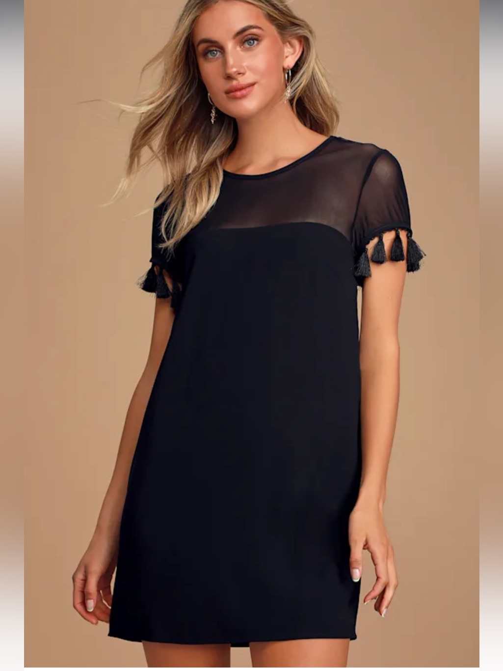Lulu’s Iced Latte Black Shift Dress With Tassel And Mesh Detail Size Xs